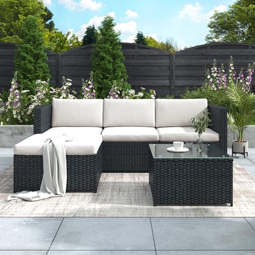 BTM 4 Seater Garden Corner Sofa, PE Rattan L Shape Garden Furniture Sets, Outdoor Garden Sofa with Coffee Table, Black