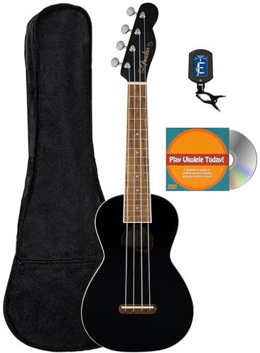 Fender Monterey Concert Ukulele - Black Bundle with Gig Bag, Tuner, and Austin Bazaar Instructional DVD