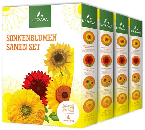 LERAVA® Semi Girasoli (4 varietà) - Girasole gigante rosso giallo nano Sungold - Facile coltivazione per giardino - Semi di girasole da piantare per fioriture ricche e colorate - 4pz