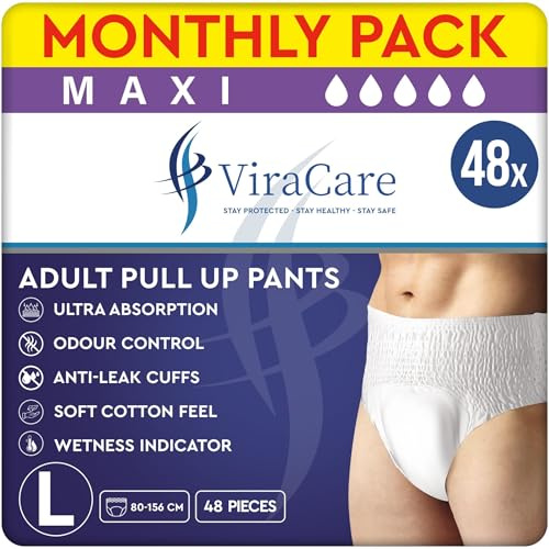 48 x Maxi Incontinence Pants Women & Men | Adults Diapers | Ultra Absorption and Soft-Stretch Waistband | Adults Pull Up Pants | Waist Size Large 80-156 cm | (4 Packs of 12)