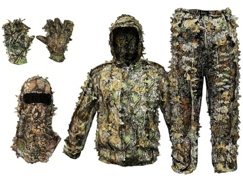 Csafyrt Ghillie Suit Camuflage con Guantes de Sombrero Traje Ghillie para Hombres Hojas Transpirables Marabla