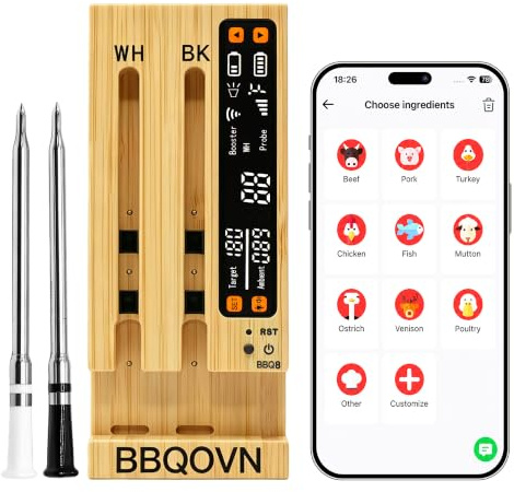 BBQOVN WiFi Sub-1G Wireless Meat Thermometer Unlimited Range 7 NIST Certified Sensors with Ambient Temp 2 Temp Monitoring Ways Digital Smart Base and App for BBQ, Smoker, Grill, Oven (Dual Probes)