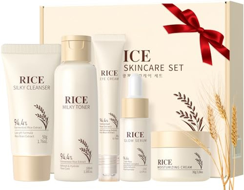 Korean Skincare Set,5PCS Rice Skin Care Gift Set,Glass Skin Care Sets & Kits-Rice Cleanser,Toner,Serum,Cream,Eye Cream,Facial Kit for Glowing Skin,Rice Raw Pulp Beauty Gift Set for Women