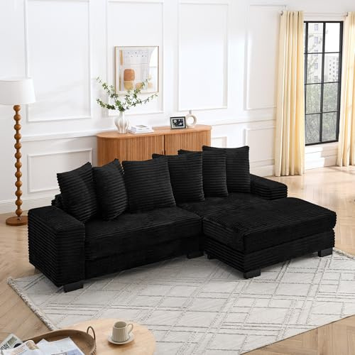 Ligterra L-Form Ecksofa mit Schlaffunktion, 4-Sitzer Sofa, Klassisches Corduroy, Stabilere Kunststoffbeine, Schlafcouch, Inklusive 6 Kissen, Ideal für Wohnzimmer, Apartments und Büros(Schwarz)