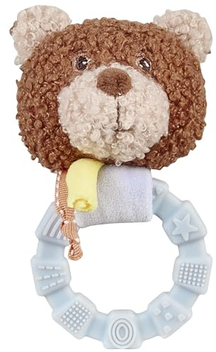 Sterntaler Greifling Bär Bob aus weichem Flausch, Babyspielzeug mit Rassel, mit Silikonring und trendigem Dekoband, 13 × 8 × 5 cm – eisblau