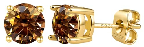 PAKORIO Örhängen med färgade moissanit 0.2-4CT VVS1 för kvinnor, 925 sterling silver örhängen med 14K guldplätering, 4-tands design, hypoallergena för känslig hud(Brun,1ct)