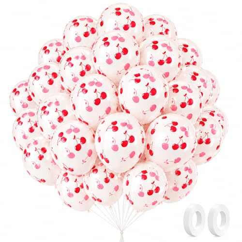 Catelves Kirsche Luftballons 60 Stück, weiße Kirschballons 12 Zoll mit Rot Rosa Kirschmuster, Latex Helium Ballons für Geburtstag, Sommerparty, Gartenparty, Baby Shower, JGA & Mottoparty Deko