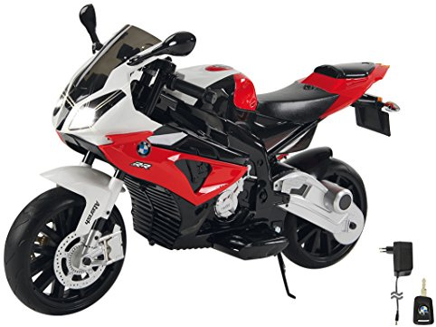 JAMARA 460280 – riide-on motorcykel BMW S1000RR 12 V – 2 växlar, kraftfull drivmotor och batteritid upp till 90 min, horn och motorljud, LED-strålkastare, stödhjul avtagbara, sidostativ, röd