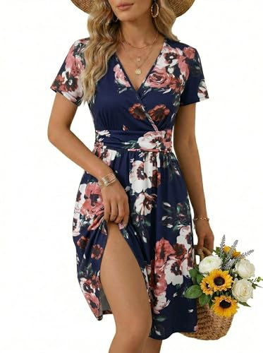 OUGES Women's Summer Short Sleeve V-Neck Floral Casual Ladies Dress with Pockets (Floral02,L)