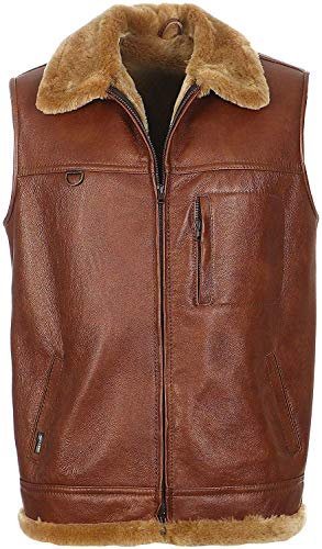 Hollert Herren Lammfellweste FIRMINIUS MIT Kragen KASTANIENBRAUN 100% Merino Schaffell Lederweste Fellweste Jagdweste Größe XL