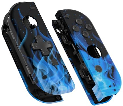 eXtremeRate DIY-Ersatz Case&Buttons für Switch Joycon, Custom Gehäuse & Knöpfe Skin Shell Umbau Set für Nintendo Switch/OLED Joycon Controller-Blaue Flamme D-Pad-Ver.[KEIN Joy Con]