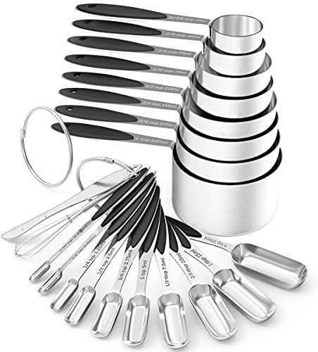 Juego de tazas y cucharas medidoras Wildone de acero inoxidable, 20 piezas, incluye 8 tazas medidoras negras, 10 cucharas medidoras, 1 nivelador y 1 batidor, para ingredientes secos y líquidos