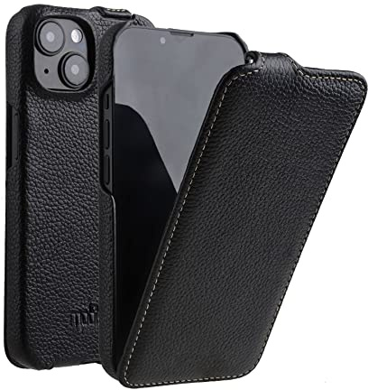 Mobiskin Hülle für iPhone 14 (6,1 Zoll), Flip Case, Schwarz | Handyhülle mit beschichtetem Leder, Schutzhülle, Handy-Tasche, Slim Cover, dünne Klapphülle, Etui vertikal aufklappbar