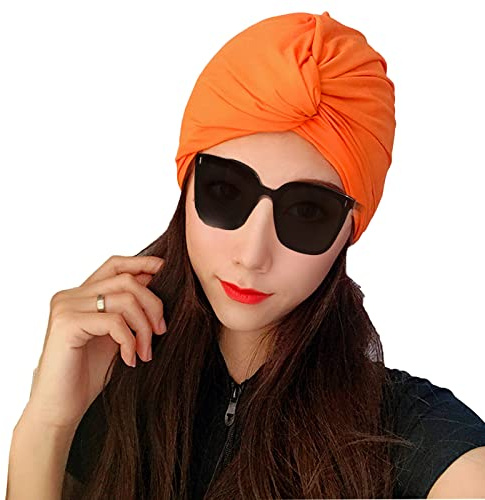 Lopsity Womens Swim Cap Bathing Cap Turban Long Short Hair Pleated Knotted Swimming Cap Soft Beanie Cap for Women Girls (Orange)