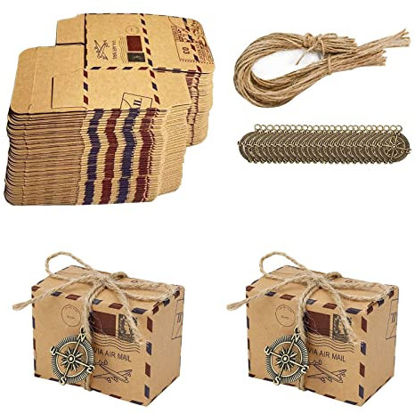 Kraftpapier Geschenkboxen, 50 Stück Kleine Geschenkbox mit Sackleinen Schnüre, Kompass, Gastgeschenke Hochzeit Süßigkeiten Box, Pralinenschachtel Leer Klein für Braut Hochzeit, Geburtstag Partybedarf