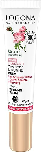 LOGONA Naturkosmetik straffende Serum-in-Creme Augencreme, feuchtigkeitsspendende Creme für eine geglättete Augenpartie, vegane Augenpflege mit Kollagen und Bio-Rosenextrakt, Moisture Lift, 15ml