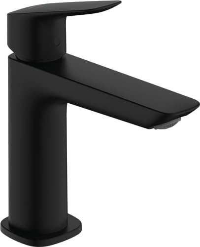 hansgrohe Logis - Tvättställsblandare utan bottenventil, energibesparande (CoolStart), Vattenkran badrum med utloppshöjd 110 mm, Badrumskran vattenbesparande (EcoSmart), matt svart, 71255670