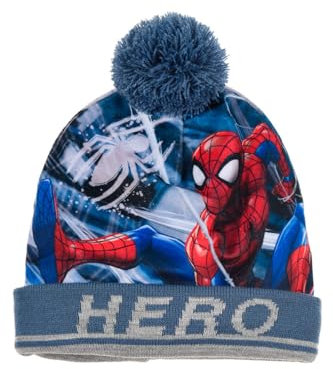 Marvel Spiderman Bommelmütze Winter-Mütze warme Mütze (DE/NL/SE/PL, Numerisch, 54, Blau)