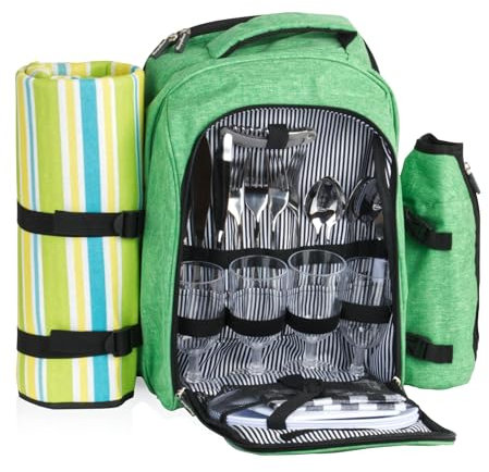 CampFeuer zaino da picnic 32 pezzi | set da picnic per 4 persone | verde menta screziato | con portabottiglie, coperta da picnic, scomparto refrigerante e utensili da campeggio