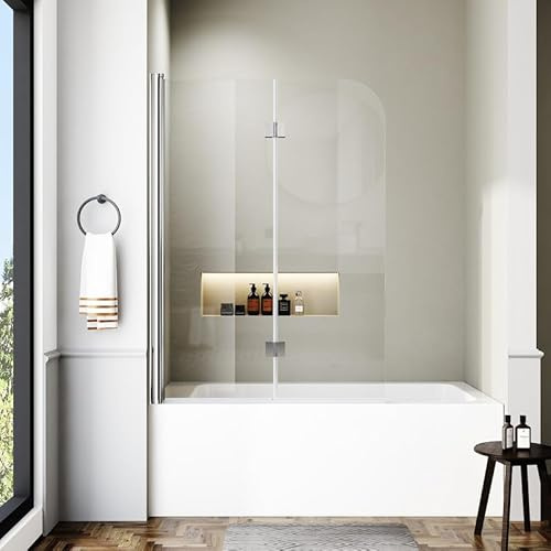 Foskbaths Bathtub Shower Door, Semi-Frameless Bath Tub Shower Door Foldable Hinged Bathtub Glass Door 42 W x 55 H Bathtub Door 1/4 Tempered Glass with Explosion-Proof Film Stainless Steel Chrome