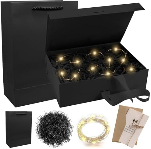 Caja de Regalo Magnética, 21x17x7cm Caja de Regalo con Lazo,Regalo de Reutilizable Creative Box,Magnética Cajas Regalo con Tapa de Carton Decoradas,para Embalaje de Regalos de Bodas Y Cumpleaños-Negro