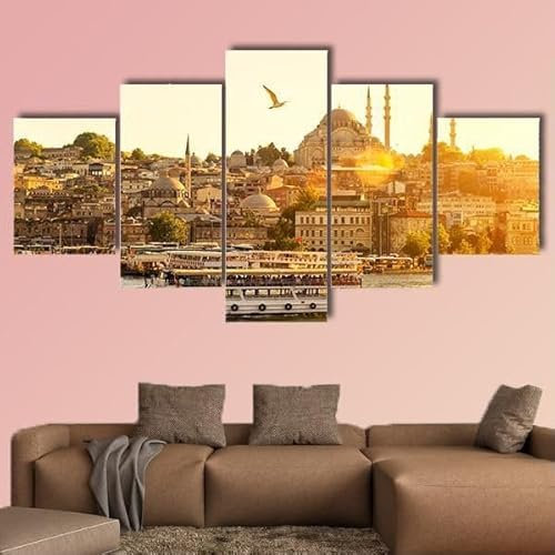 FatAco 5 Stück Wandkunst Leinwanddrucke Istanbul bei Sonnenuntergang Türkei Bild Malerei Moderne gestreckt gerahmte Wand Kunstwerk für Badezimmer Home Office Decor