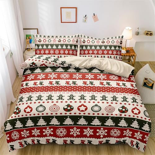 Gezu Parure de lit de Noël, 220 x 240 cm, pour fille, garçon, beige, vert, rouge, motif à carreaux, flocons de neige, Père Noël - 1 housse de couette et 2 taies d'oreiller 80 x 80 cm