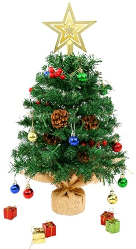 Uten Mini Weihnachtsbaum, 60 cm Kleiner Tannenbaum mit 50 LED Lichterketten, 5 Gruppen Roter Beeren, 5 Tannenzapfen, Sterne, Geschenkbox und 18 Weihnachtskugeln für Büro, Wohnzimmer, Fensterbank