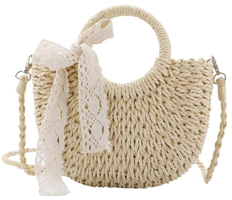 Bolso de Mano de Paja para Mujer Bolso de Bandolera de Paja Tejidas a Mano, Bolso de Mano con asa Redonda Bolso de Hombro Bolso de Playa Verano para Viajes, Fechas, Vacaciones