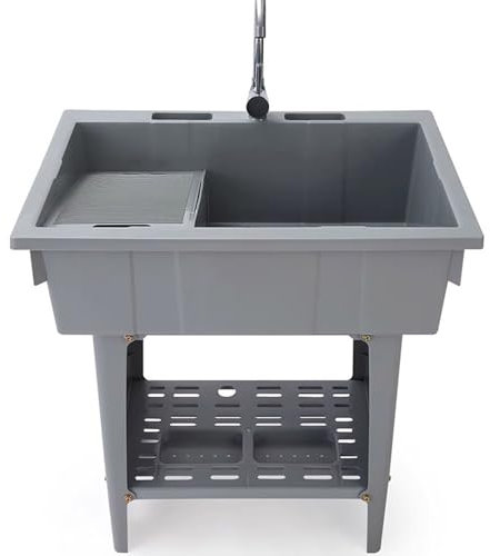Évier utilitaire d'extérieur portable avec kit de vidange de robinet de planche à laver autonome en plastique pour buanderie, sous-sol, garage, jardin et magasin (gris)