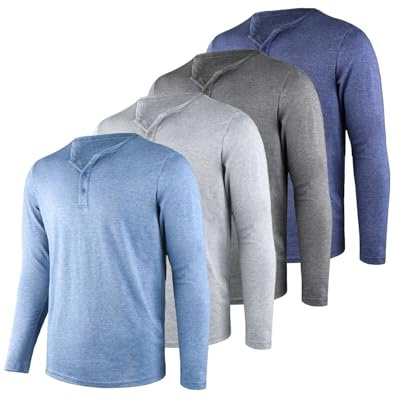 Liloak Henley Lot de 3 t-Shirts à Manches Courtes pour Homme 3 Boutons, Gris/Bleu Marine/Gris Clair/Bleu Clair - Manches Longues, L