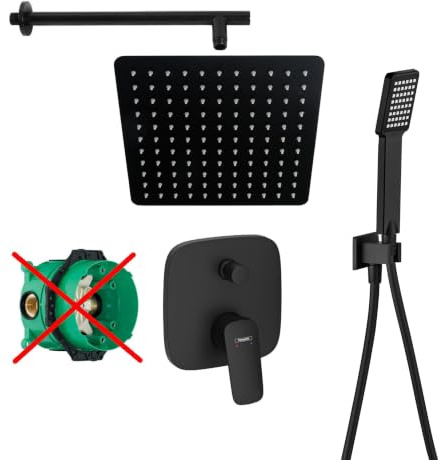 vanvilla Duschsystem Unterputz mit Duscharmatur Hansgrohe schwarz HGS51ob | Duscharmatur von Hansgrohe Logis Einhebelmischer und vanvilla Regendusche Duschkopf eckig, Dusch-SET schwarz matt