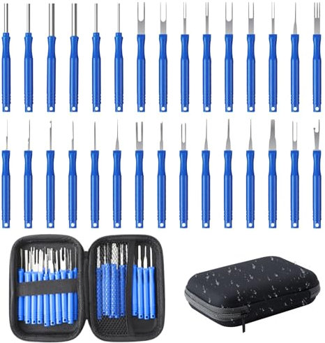 QINGHEC 30 Pcs Terminal Pin Removal Tool Kit,Pin Extractor Tool Set,Key Extractor Tool,Terminal Keys,Multi Plug Pin Removal Tool with A Protective Bag for Car Connector Terminals (Blue)