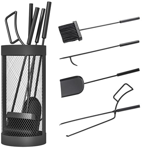 Outsunny Kaminbesteck Set 5-teilig Kamingarnitur mit Zange, Besen, Schürhaken Schaufel und Korb, Kaminzubehör aus Metall, Schwarz
