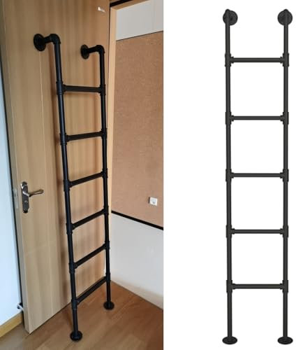 Heavy Duty Black Metal Loft Ladder for Dorm Library Warehouse Deck RV Boat 330LBS Load Capacity Wall Mounted Attic Fire Escape Ladder (77in) Industrial Strength Space Saving Staircase