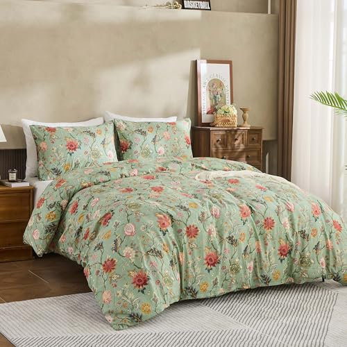 Simple&Opulence Double Duvet Cover Set, Ultra Soft and Stylish Microfiber Bedding Set, Vintage Floral Pattern Summer Reversible Bed Quilt Cover with Pillowcases, 200 x 200 cm