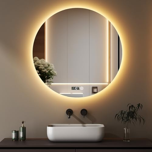 Boromal LED Badspiegel Rund mit Beleuchtung und Uhr Badspiegel 70x70cm Runder Spiegel 3000K-6500K 2060LM Badezimmerspiegel mit Beleuchtung Wandspiegel Rund mit 3 Lichtfarbe Dimmbar + Uhr