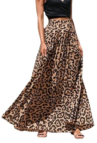 EMOTTOS Maxi Gonna Estiva da Donna, Stampa Leopardata, Gonna Bohémien, Slim Fit, Vita Alta, Bohémien, Vintage, Spiaggia, Vacanze, Tessuti Elasticizzati, Gonna Lunga a Linea fluida Swing Casual XL