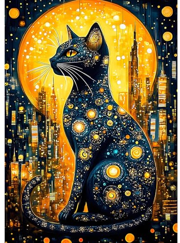 MXJSUA Schwarze Katze Diamond Painting Erwachsene, 5D Diamant Painting Bilder Anfänger, DIY Runder Vollbohrer Diamanten Malerei Stickerei Kreuzstich Geschenke Home Wand Dekor 30x40cm