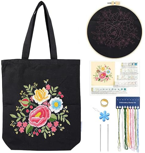 CREAWONDER Stickset für Leinwand-Tasche für Anfänger, Kunst und Handwerk, inklusive Anleitung, Stickrahmen, farbige Fäden und Werkzeuge