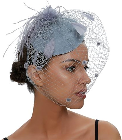 BESTORI Fascinator Hut Damen Feder Mesh Kopfbedeckung Vintage Tea Party Haarclip mit Schleier Kopfschmuck Grau