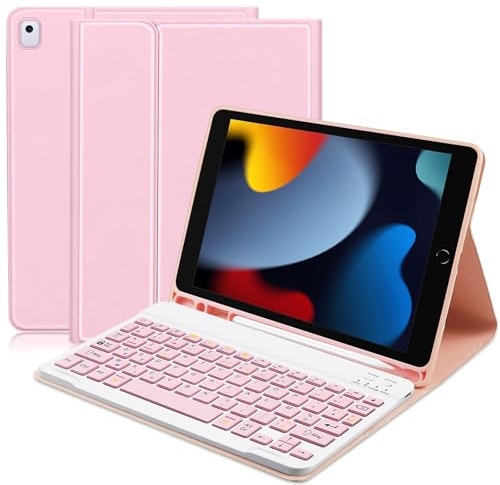 Lupxiu Clavier Coque pour iPad 10.2 9ème/8ème/7ème Génération 2021/2020/2019, AZERTY Français, Air 3 2019, Pro 10.5, Amovible Bluetooth sans Fil, Étui Réveil/Sommeil Automatique, Rose
