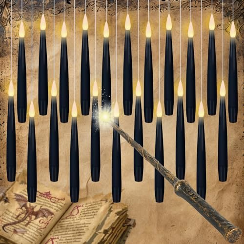Eldnacele Schwebende Kerzen Schwarz mit Zauberstab-Fernbedienung, 22er Set | Schwebekerzen mit Zauberstab, LED Kerzen Schwarz, schwarze Kerzen, hängende Kerzen, flackernde Flamme, 6H Timer, 15,5 cm