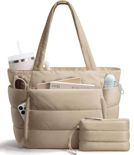Bagstellar Puffer Tote Bag for Women, Lightweight Puffy Work Handbag Teacher Nurse Quilted Shoulder Bag for School Travel Gym, Camel, L