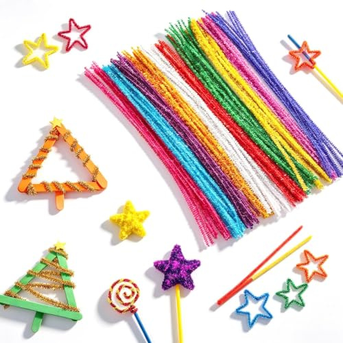 SHENGYIG 100 Stück Glitzer-Pfeifenreiniger Bastelset, 30 cm Bunte Plüschdraht Chenilledraht zum Basteln mit Kindern - Weicher & Flexibler Pfeifenputzer für Kunsthandwerk, Schmuck, Dekoration und Mehr
