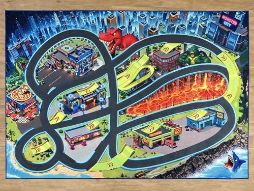 SkippiDoo Gatumatta – Monster City – lekmatta 160 x 110 cm, bilmatta med breda gator och stora parkeringsplatser, halkfri matta på baksidan