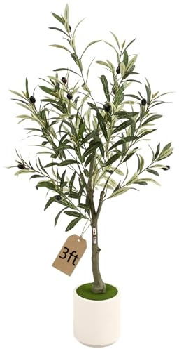 Huhemy 3FT Spherical Fake Olive Tree Artificial Indoor,Faux Olive Tree with Pot,Large Olive Branches and Lifelike Fruits,for Home Office House Living Room Decor.