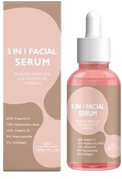 Sérum visage 5-en-1 à la vitamine C et à l'acide hyaluronique (10%). Hydrate le visage, soin anti-âge et illuminateur pour tous types de peau.