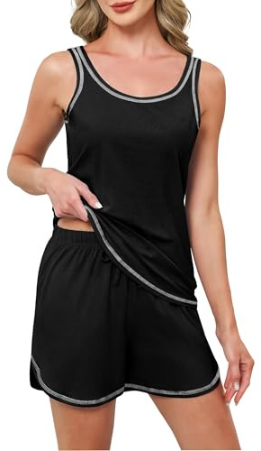 Reliwel Pijama de Verano para Mujer Camiseta Sin Mangas y Pantalones Cortos de Algodón para Mujer Pijama de Verano Ropa de Estar en Casa Negro, L