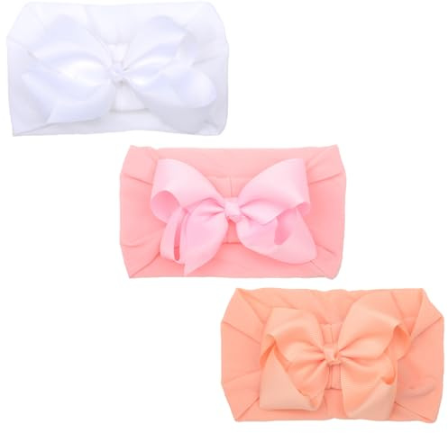 PLUSHCEWT 3 Pack Baby Headbands with Ribbon Bows, Soft Nylon Hairbands for Newborn Baby Girls 0-3 Months, Cute Hair Accessories in White Pink & Snow Sprout